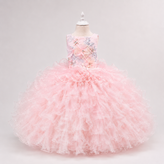 Pink Pearl Princess Dog Dress – Luxury Floral Couture Puppy Gown with Ruffle Skirt