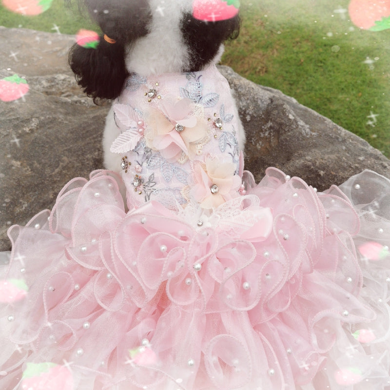 Pink Pearl Princess Dog Dress – Luxury Floral Couture Puppy Gown with Ruffle Skirt