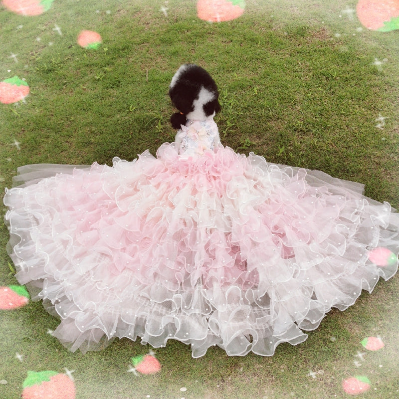 Pink Pearl Princess Dog Dress – Luxury Floral Couture Puppy Gown with Ruffle Skirt