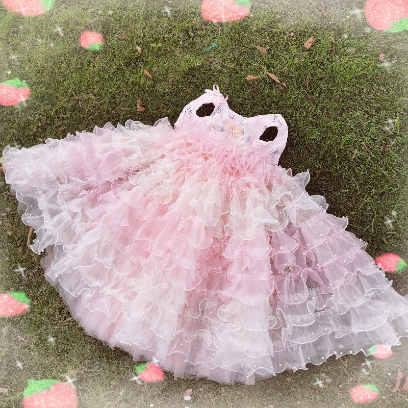 Pink Pearl Princess Dog Dress – Luxury Floral Couture Puppy Gown with Ruffle Skirt