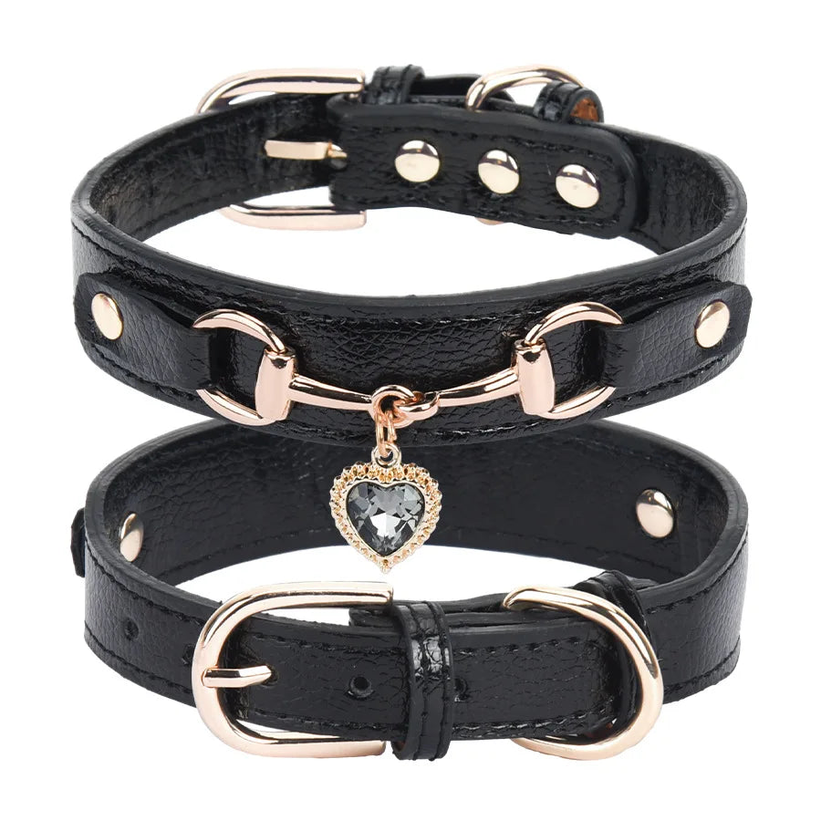 Leather and Rhinestone Pet Collar with Heart