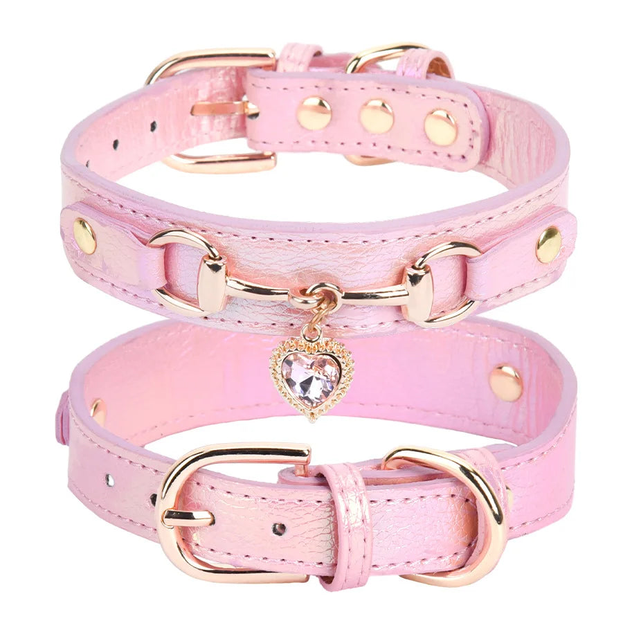 Leather and Rhinestone Pet Collar with Heart